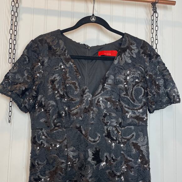 Carmen Marc Valvo Black Embroidered V-Neck Sequin Short Sleeve Midi Dress Sz 12 - Picture 2 of 8